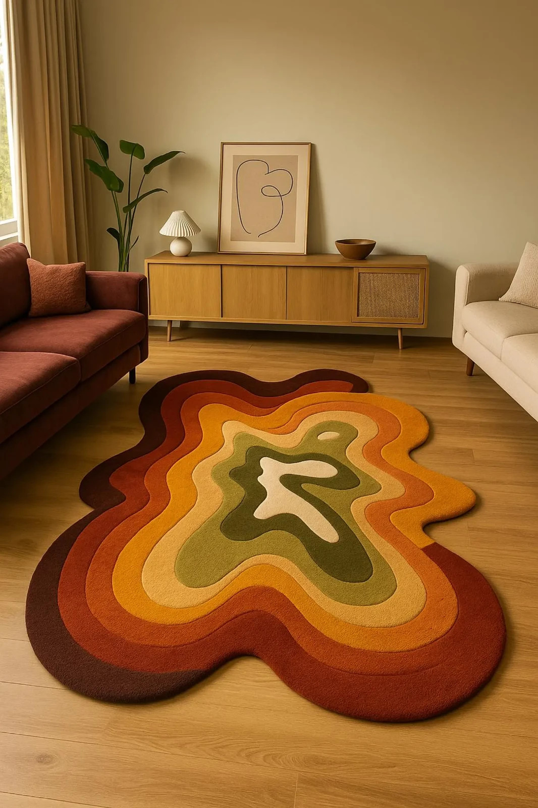 Hand Tufted Abstract Area Rug, Retro Wavy Mid-Century Modern Rug, Earth Tone Rug gallery