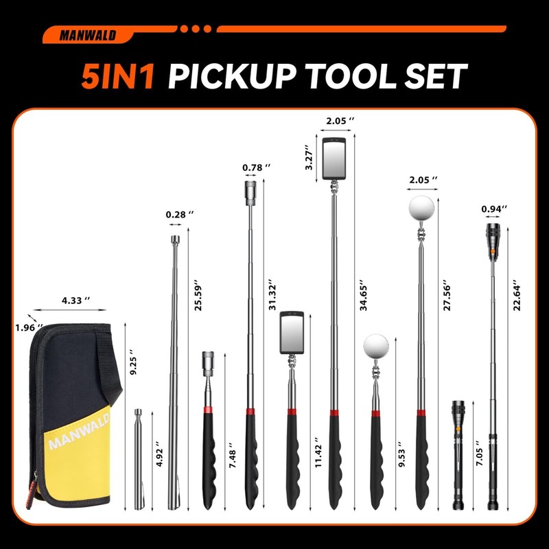 Telescoping Magnetic Pickup Tool Set, Extendable Flashlight & 360° Mirror - Perf gallery