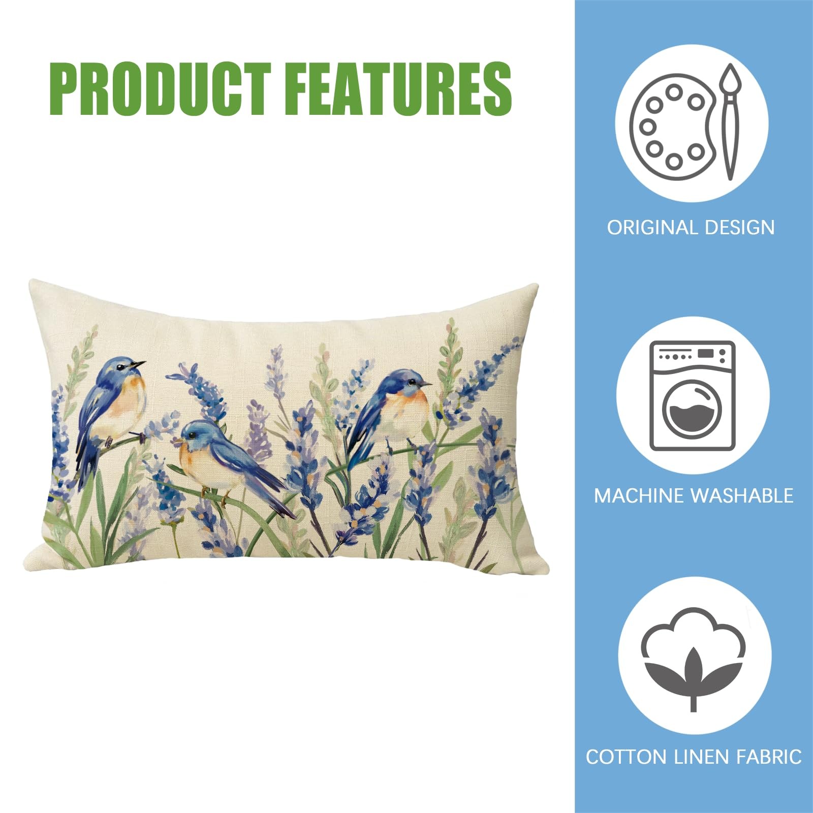 Spring Summer Bluebirds Lumbar Decorative Rectangle Pillow Cover 12 x 20, Wat... gallery