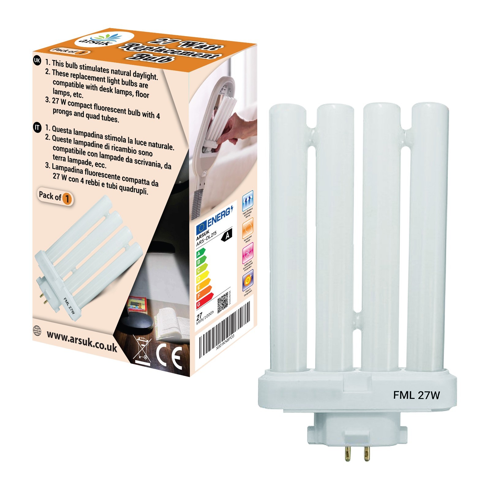 Compact Fluorescent CFL 27W Replacement Bulb GX10Q-4 4-Pin Base 6500K Daylight gallery