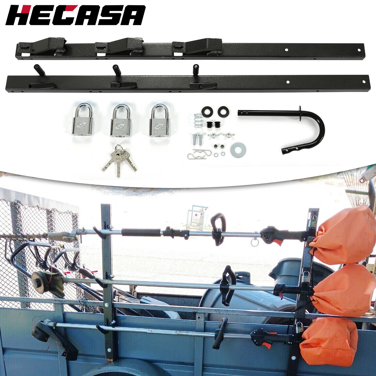 HECASA 3 Place Weeder Edge Trimmer Rack For OPEN Landscape Trailer Lockable gallery
