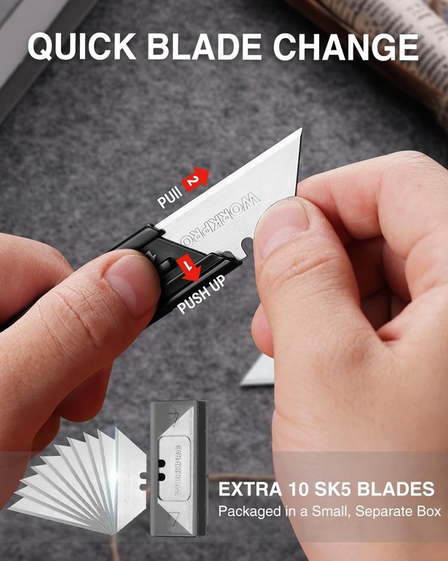 WORKPRO 3-Pack Folding Utility Knife Set, G10 Handle Box Cutter with 10 Extra SK gallery