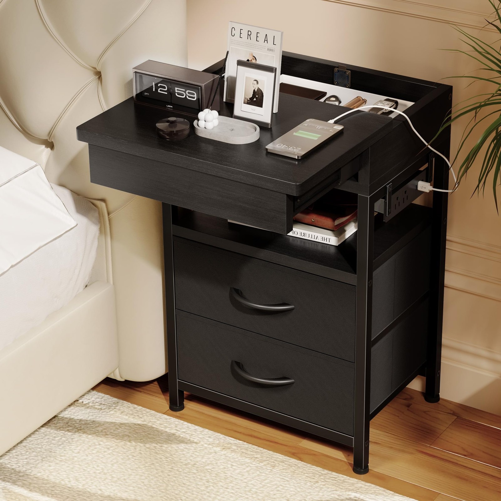 Nightstand Hidden Drawer Charging Table - with Charger Station and Sliding Top gallery