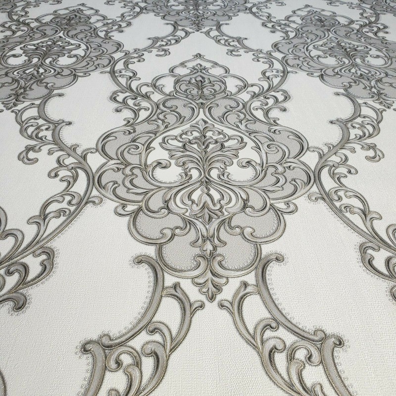 Embossed Victorian Vintage damask white gray bronze gold Textured Wallpaper roll gallery