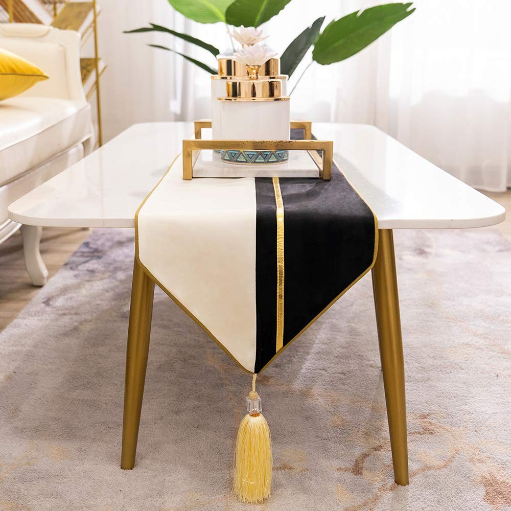 Velvet Table Runner 12x108 Inch Black White Gold Leather Striped Tassels gallery