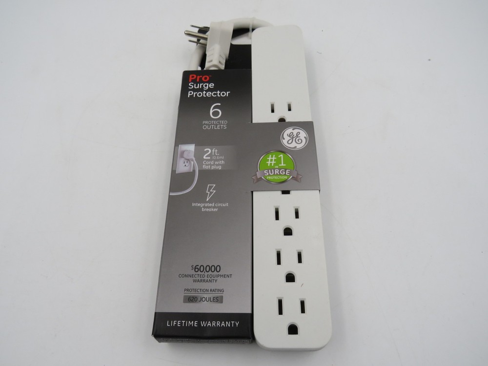 GE Pro 6-Outlet Surge Protector 2 Ft Extension Cord 620 Joules Strip NEW