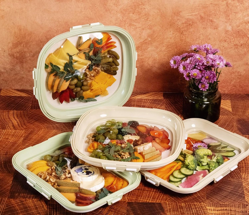 | Portable Snack Tray | Rectangle 2-Pack | Cream White | Reversible Stretch Lid gallery
