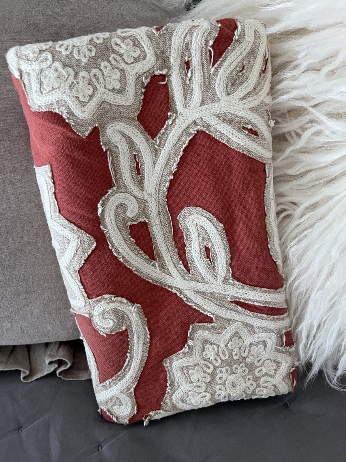 Pottery Barn Linen Floral Cream & Rust Appliqué, Pillow Cover Rustic Cottage gallery