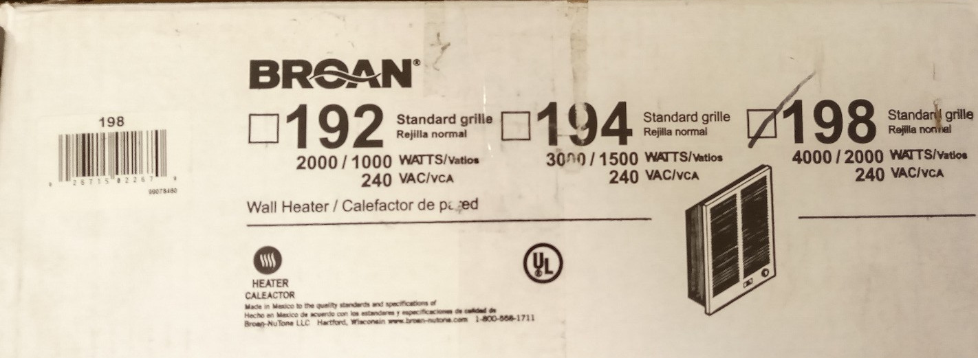 Broan-NuTone White 198 High Capacity Wall Heater 4000/2000 W (No Housing) gallery