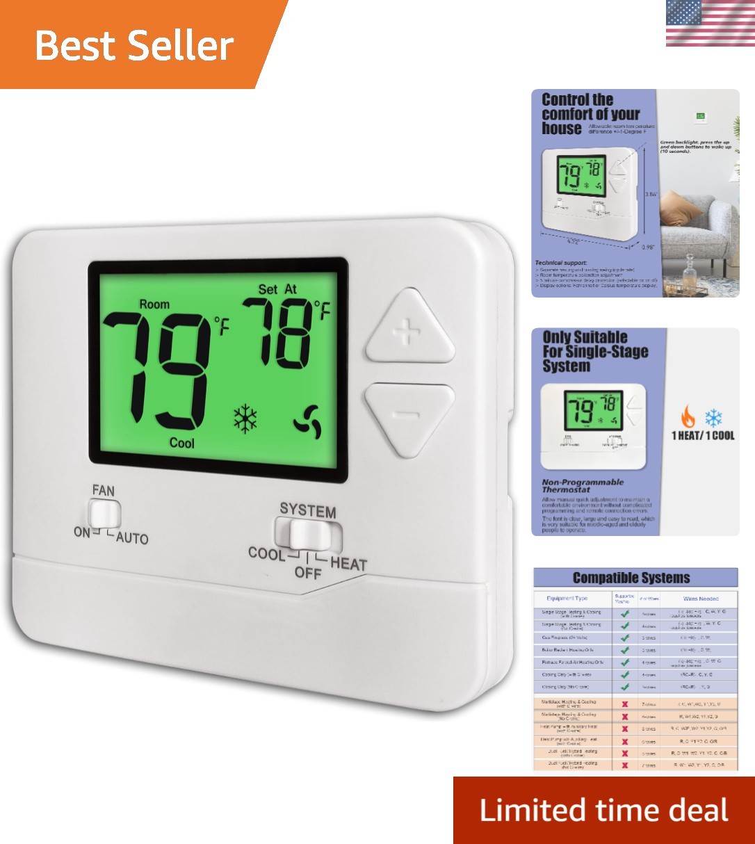 User-Friendly Non-Programmable Thermostat with Large Green Backlit Display gallery