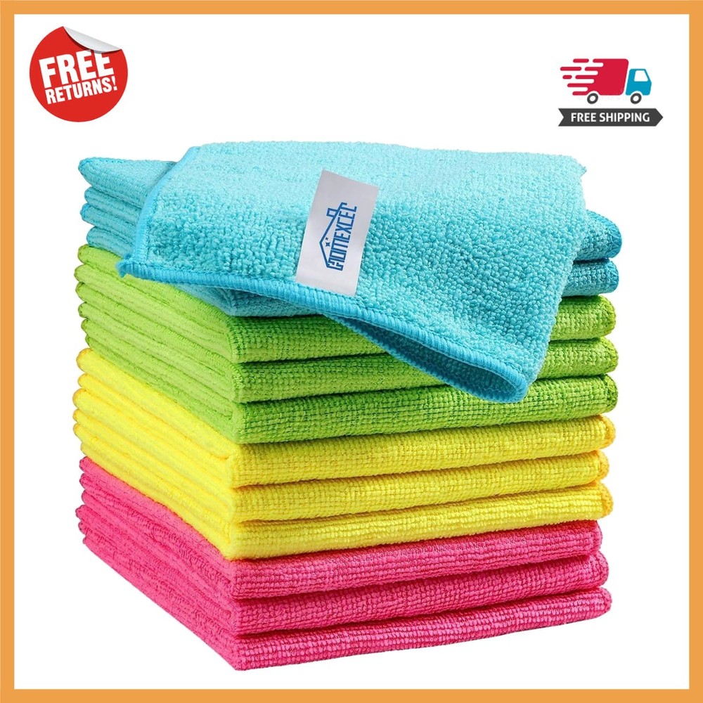 Assorted Color Microfiber Cleaning Cloths - 12 Pack, Extra Absorbent and Durable