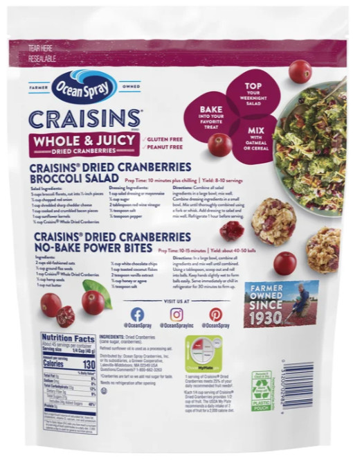 Ocean Spray Craisins Dried Cranberries Whole & Juicy 64 oz gallery