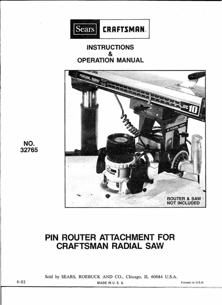 1983 Craftsman 32765 Pin Router Attachment for Radial Arm Saw INSTRUCTIONS ONLY gallery