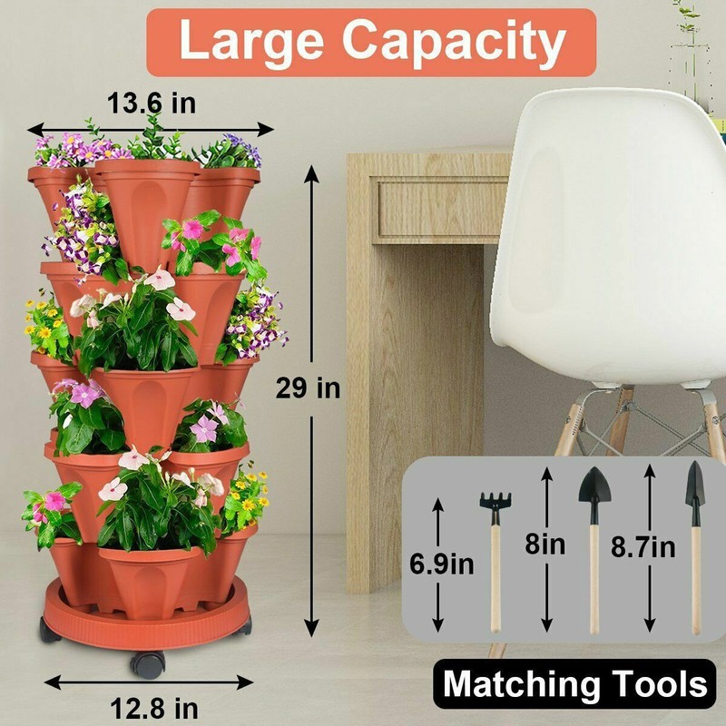 5 Tier Stackable Planters Vertical Planter Garden Tower Pots with Wheels & Tools gallery
