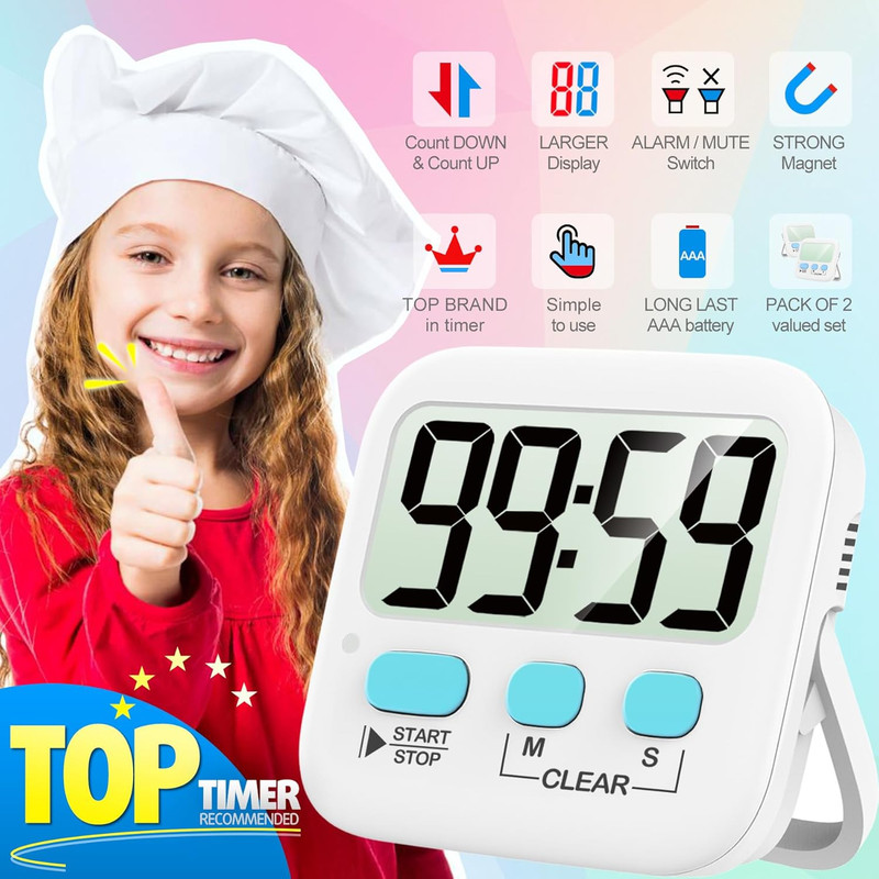 2 Pack Digital Kitchen Timer Count Up Down Loud Silent Magnetic Display gallery
