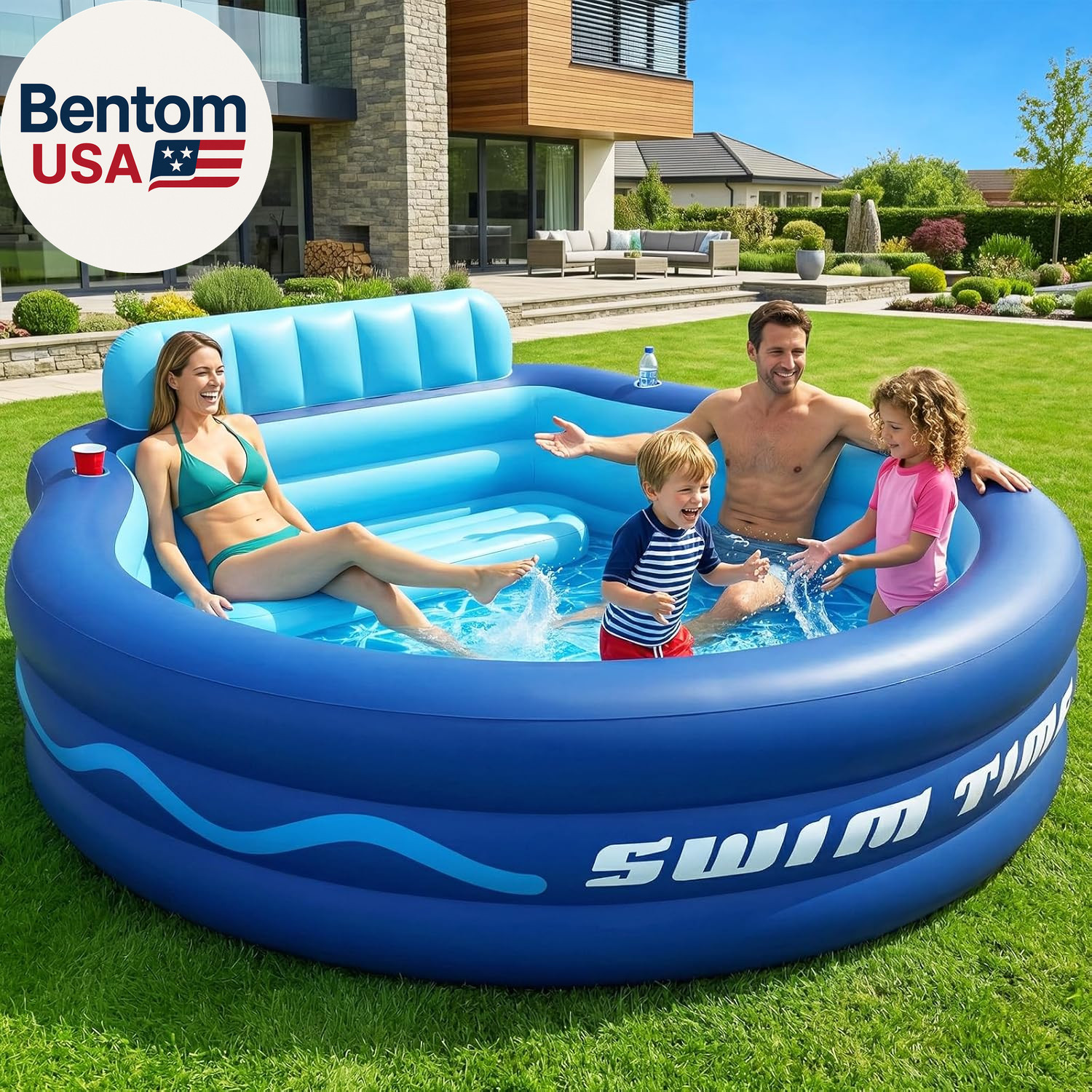 Inflatable Pool with Seats and Headrest,Oversized Thickened Large Blow up Pool f gallery