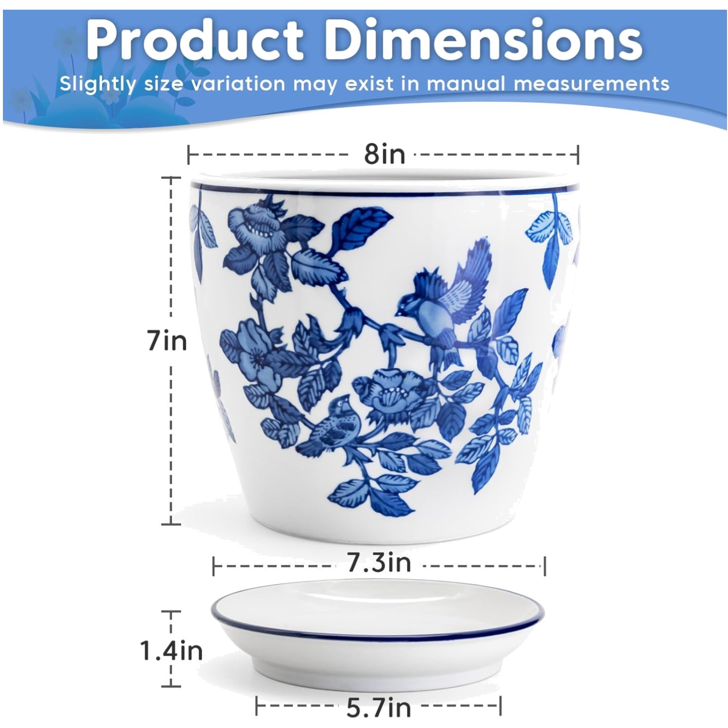 Chinoiserie Style Ceramic Flower Pot with Saucer, 8" gallery