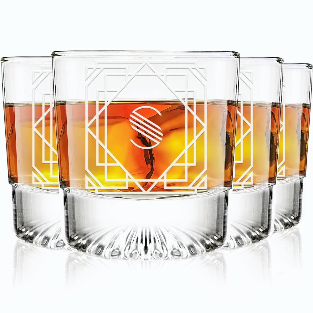 Greenline Goods - Monogram Art Deco Etched Letter S Whiskey Whiskey, Clear