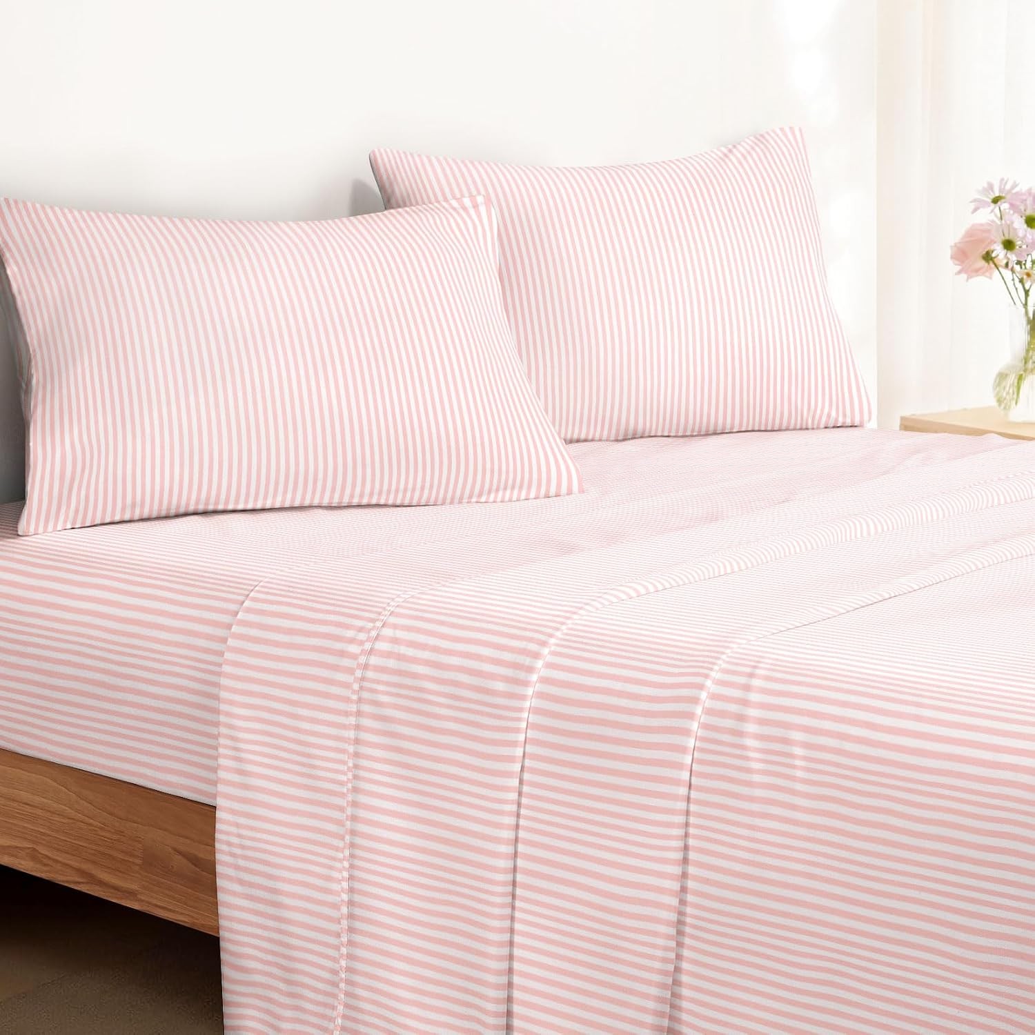 Wake In Cloud - Striped Bed Sheets, 4-Piece Sheet Set, Ticking Vertical Pin Stri gallery