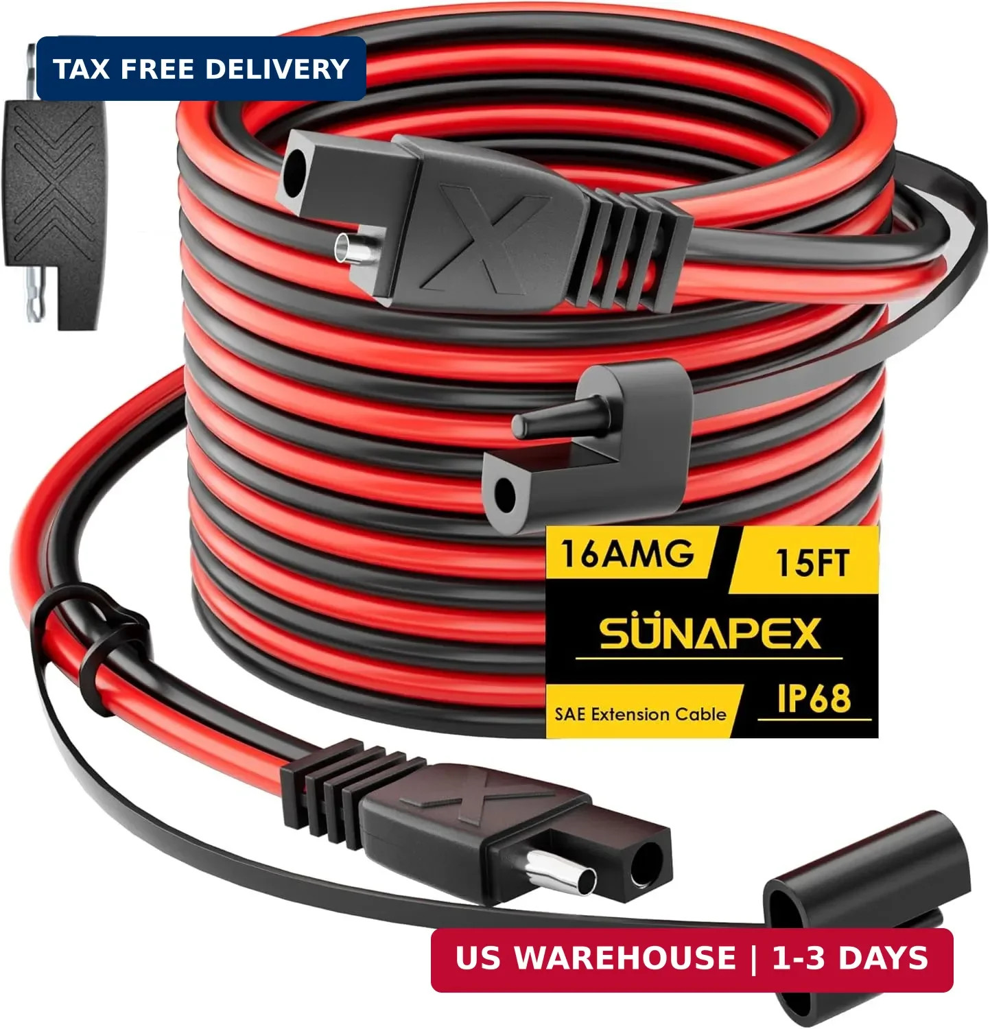 SUNAPEX SAE to SAE Extension Cable: 16 AWG 15 FT Pure Copper Cord - Waterproof Q gallery