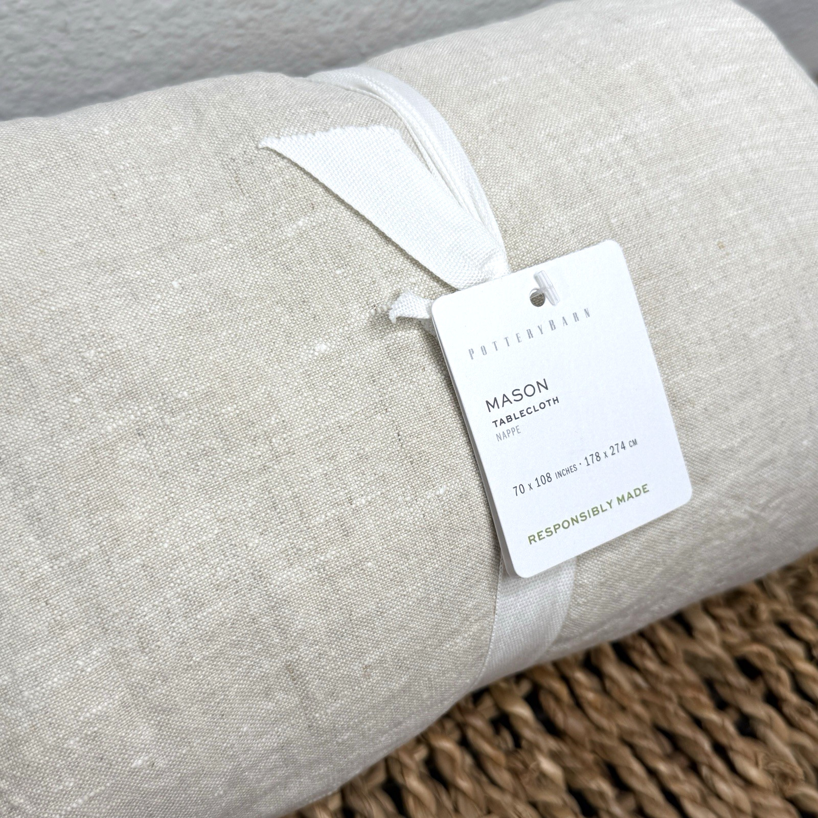 POTTERY BARN MASON OVERSIZED LINEN TABLECLOTH 70X108 FLAX BEIGE FARMHOUSE gallery