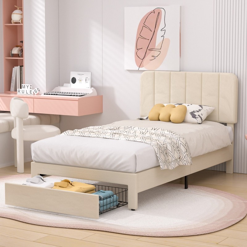 Twin Full Queen King Bed Frame Platform with Upholstered Headboard Wooden Slat gallery