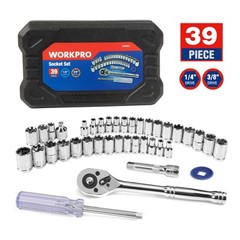 WORKPRO 39-Piece Drive Socket Set 1/4”3/8” CR-V Metric SAE & Metric for Repair