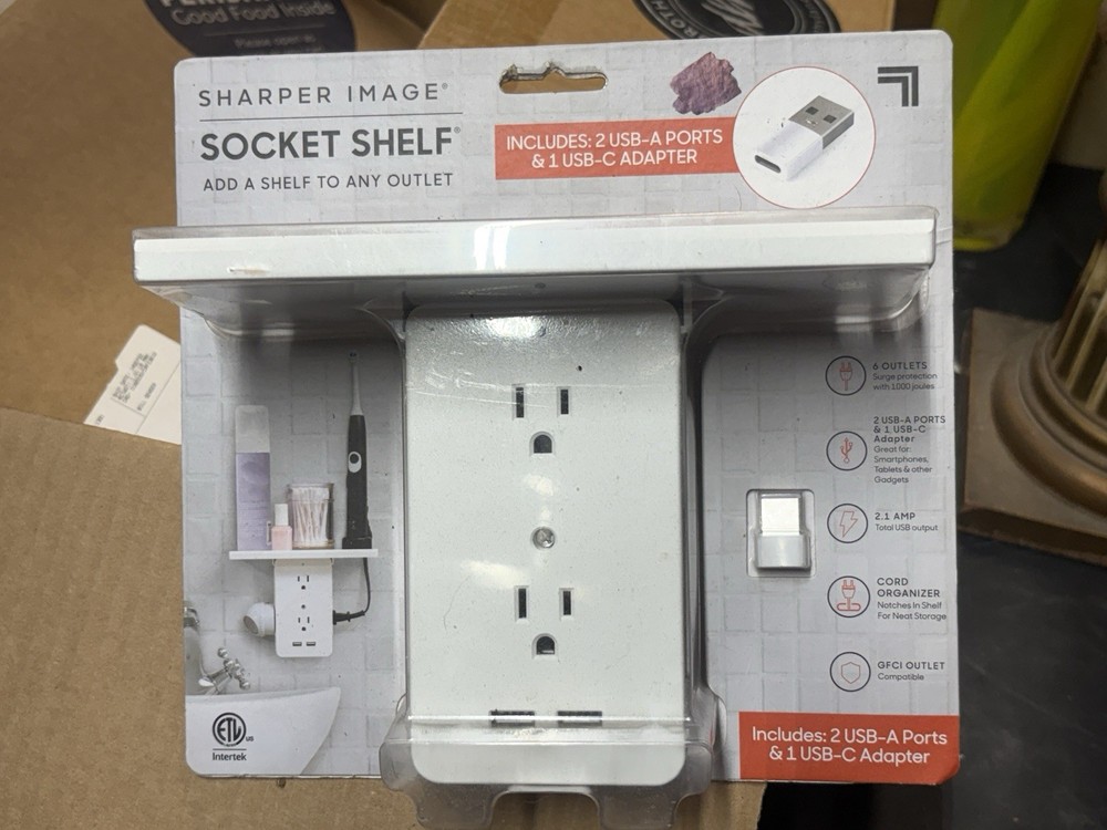 Sharper Image Socket Shelf Cordless Wall 6 Outlet Extender White W/USB C Adapter