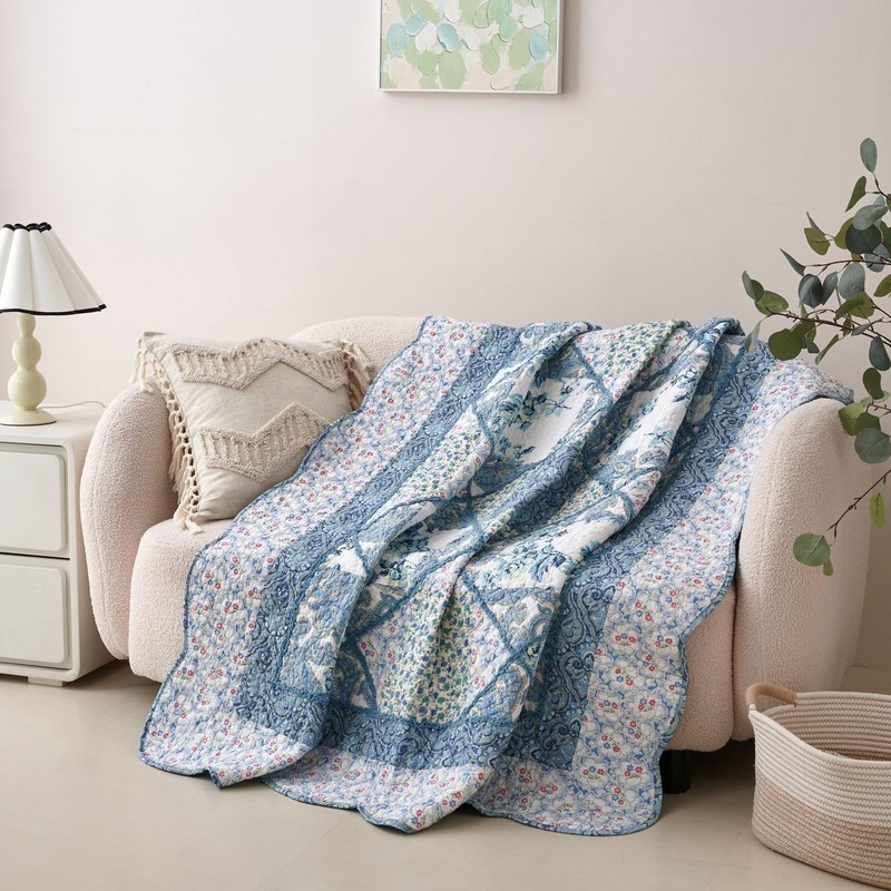 Tache Cotton Patchwork Petal Dance Blue White Floral Paisley Quilt Throw Blanket gallery
