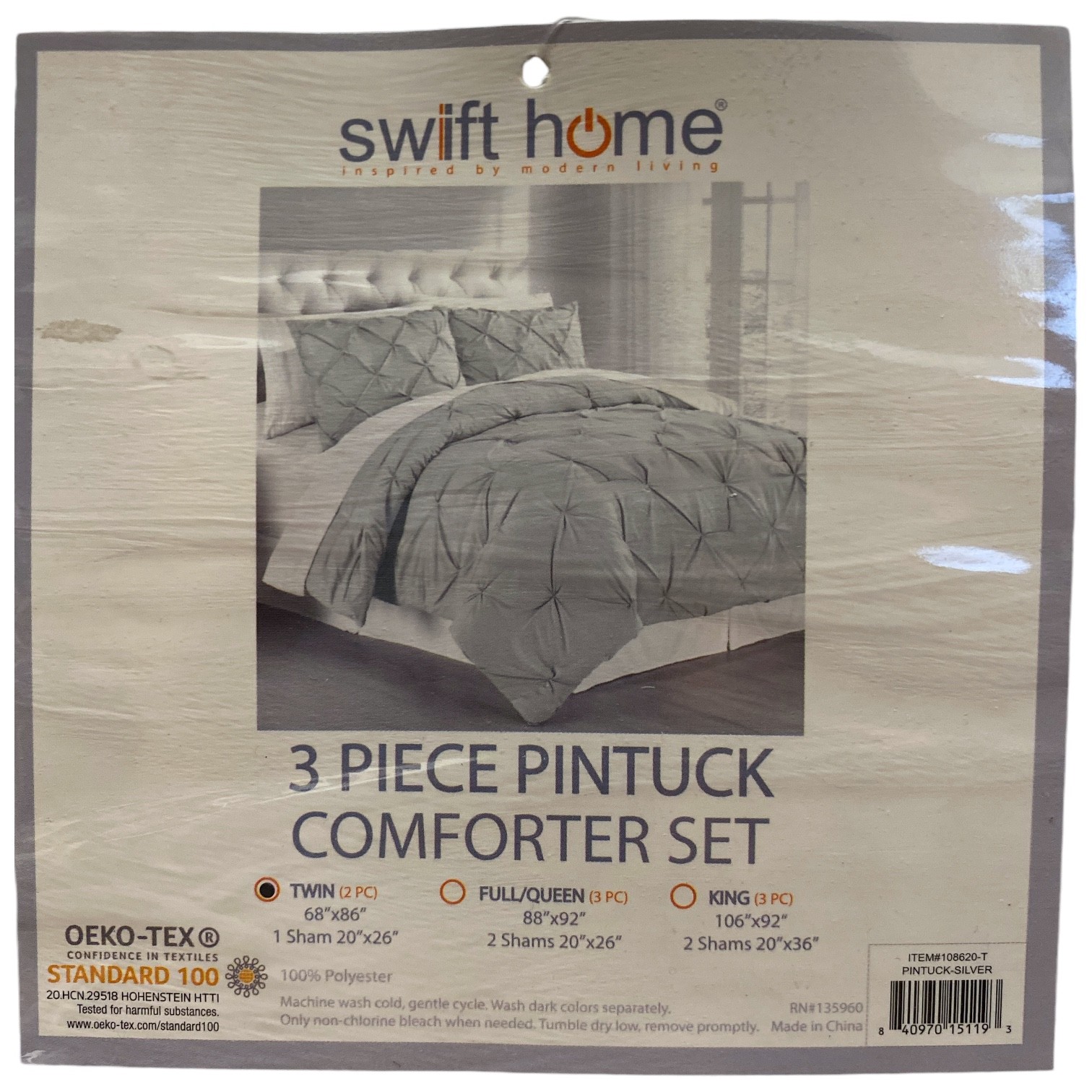 Swift Home 3 Piece Pintuck Comforter Set, Silver, Twin gallery