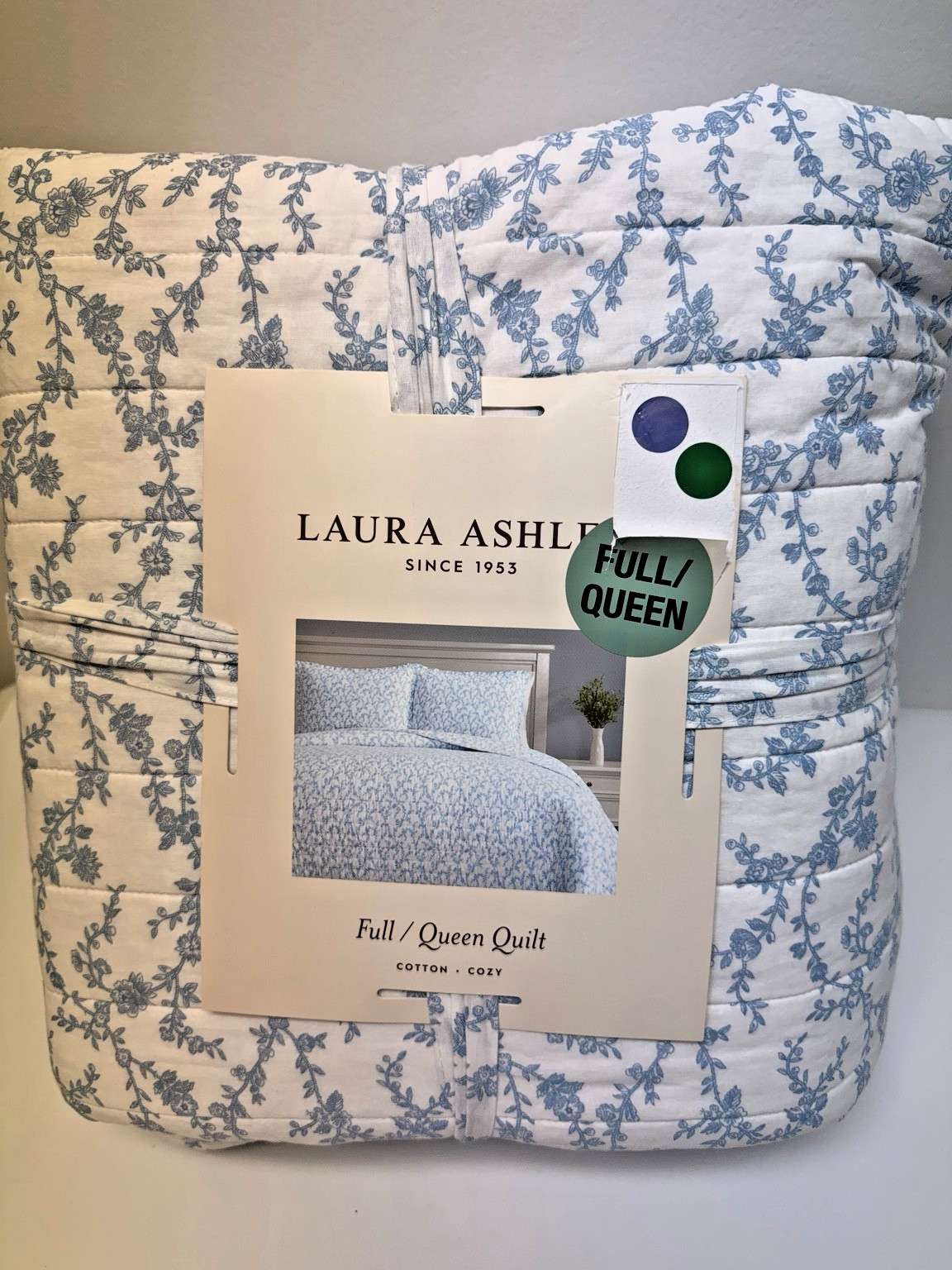 Laura Ashley Full Queen Quilt Blue White Floral Cotton Cottage Farmhouse gallery