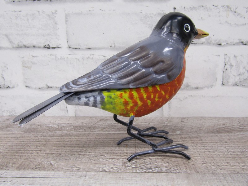 Small Rustic 8" Long Summer American Robin Red Breast Metal Tin Song Bird Figure gallery
