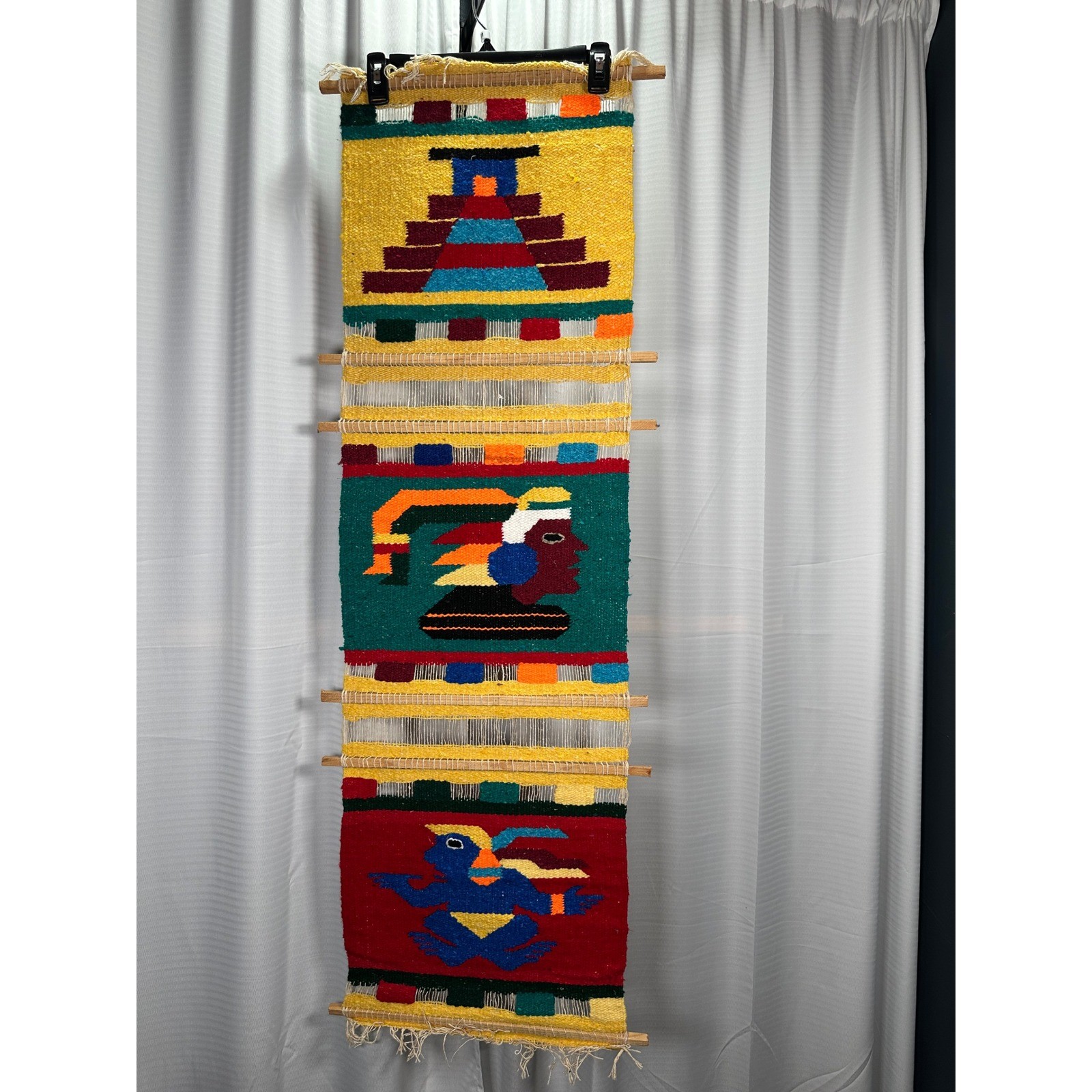 VTG Peruvian Handwoven Wool Wall Hanging Textile Art Pyramid Indigenous 48x15" gallery