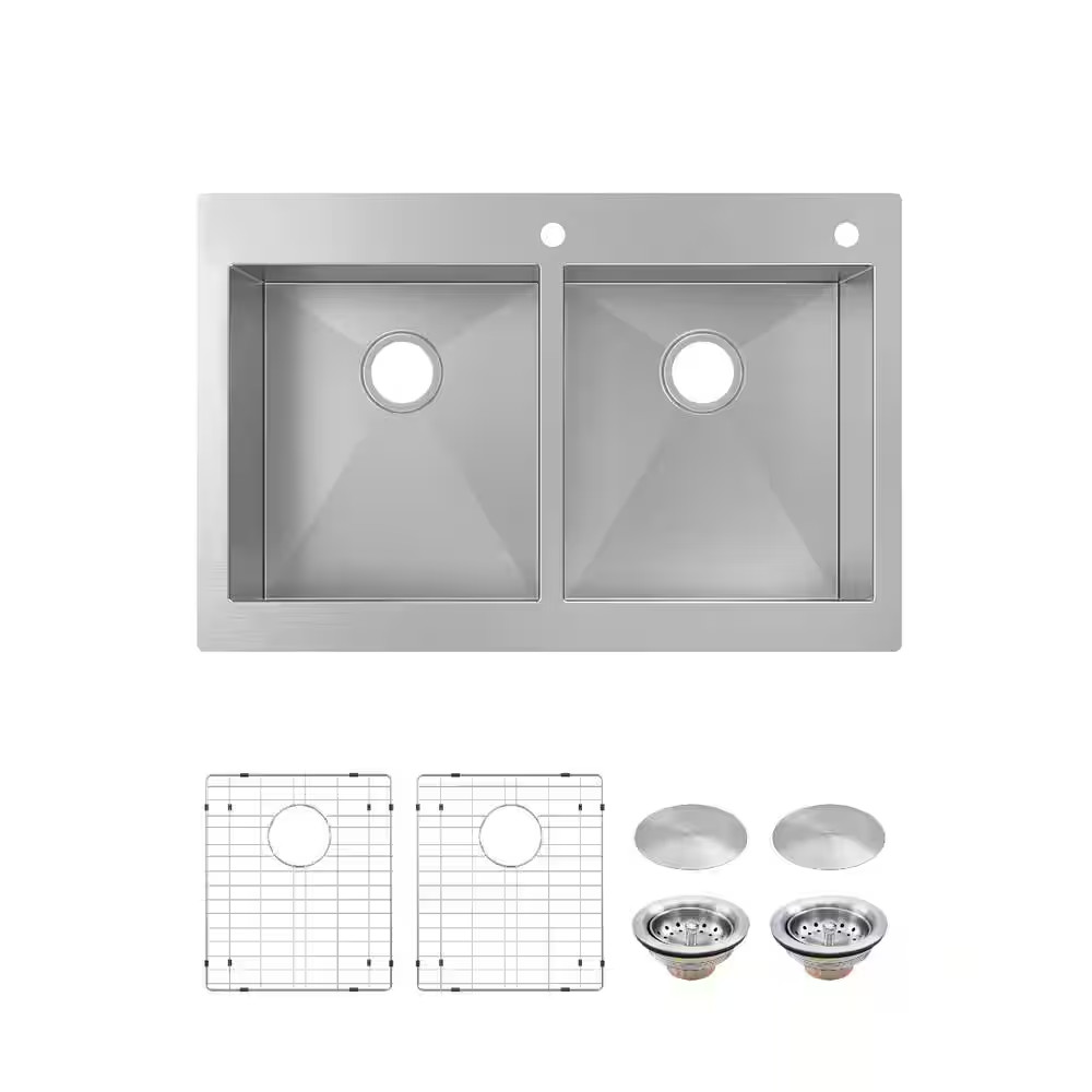 Professional Zero Radius 33 In. Drop-In 50/50 Double Bowl 16 Gauge Stainless Ste gallery