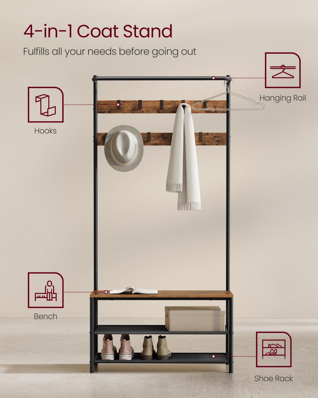 Hall Tree with Bench and Shoe Storage, Entryway Bench with Coat Rack Stand an... gallery