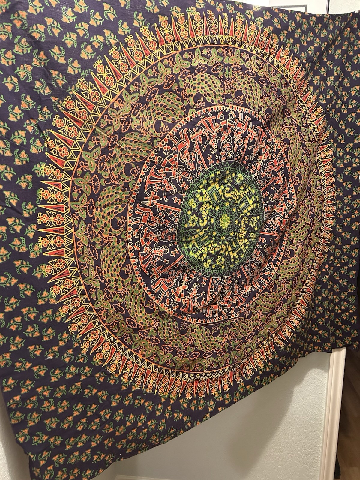 Stunning Blue Mandala Fabric Tapestry Elephants And Peacocks gallery