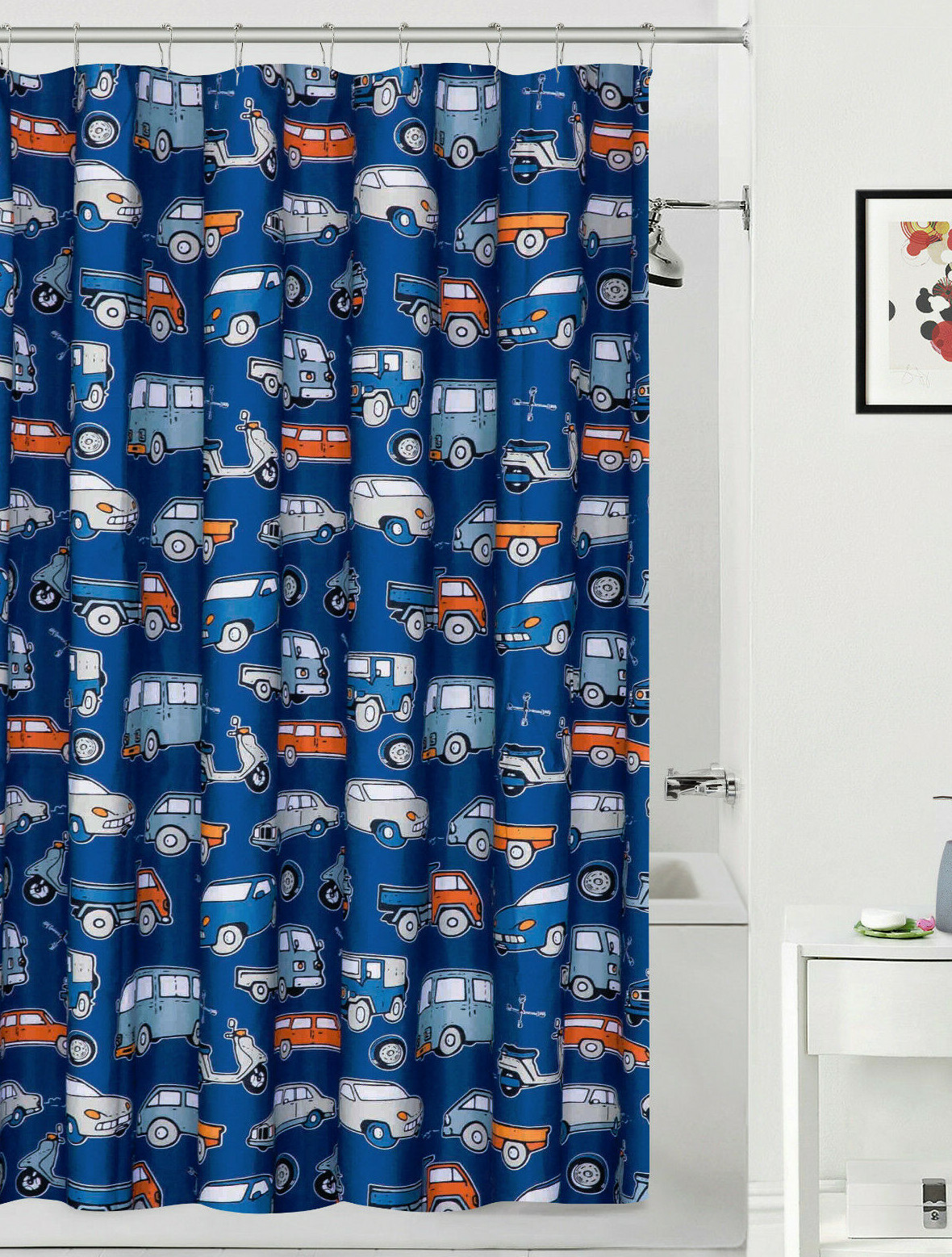 Transportation Vehicles Shower Curtain Bath Blue Boy Retro Car Motorcycle Truck gallery