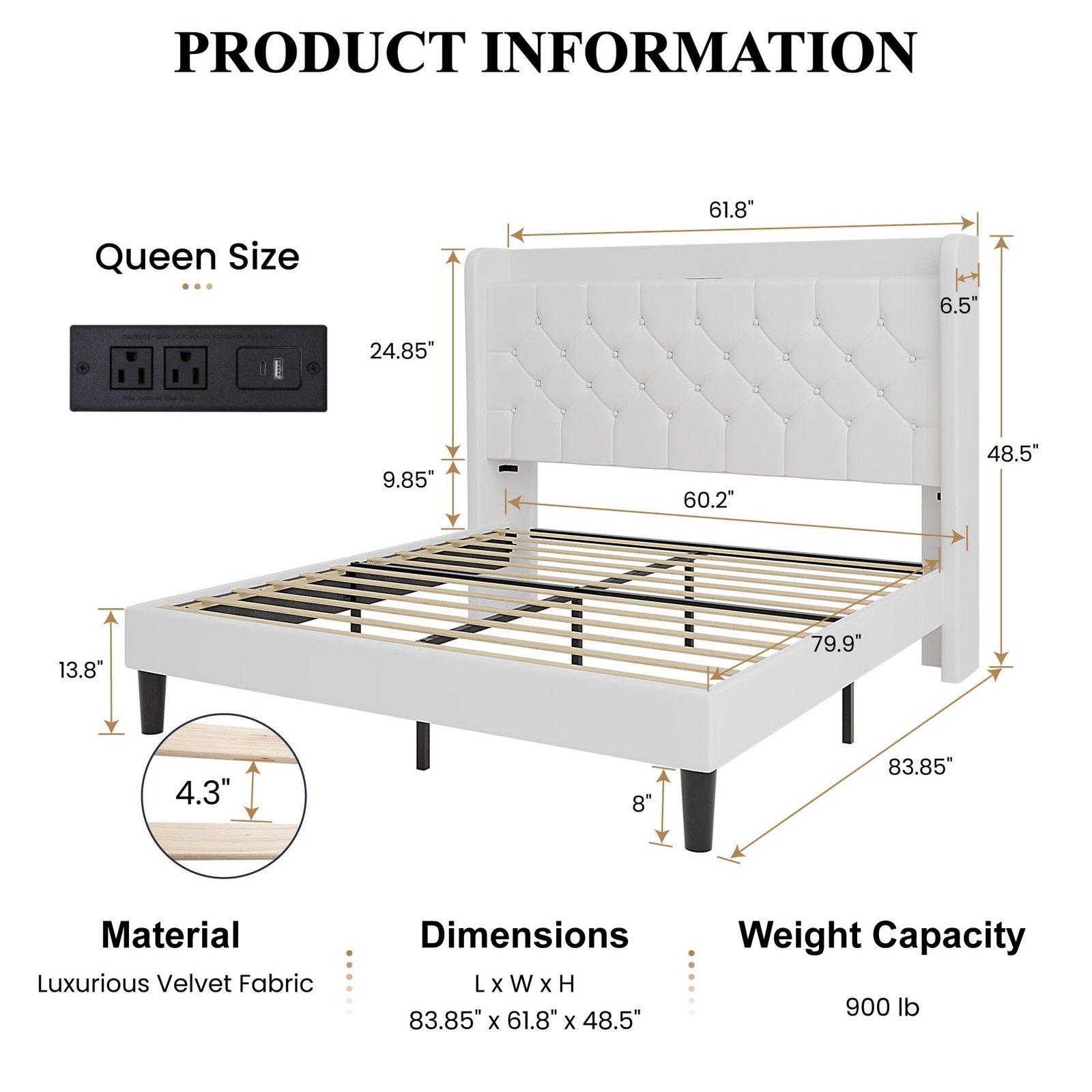 SHA CERLIN Queen Platform Bed Frame Model AK-7606-5 White Velvet gallery