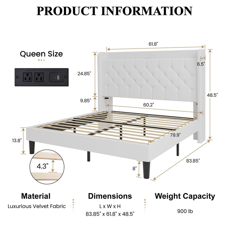 SHA CERLIN Queen Platform Bed Frame Model AK-7606-5 White Velvet gallery
