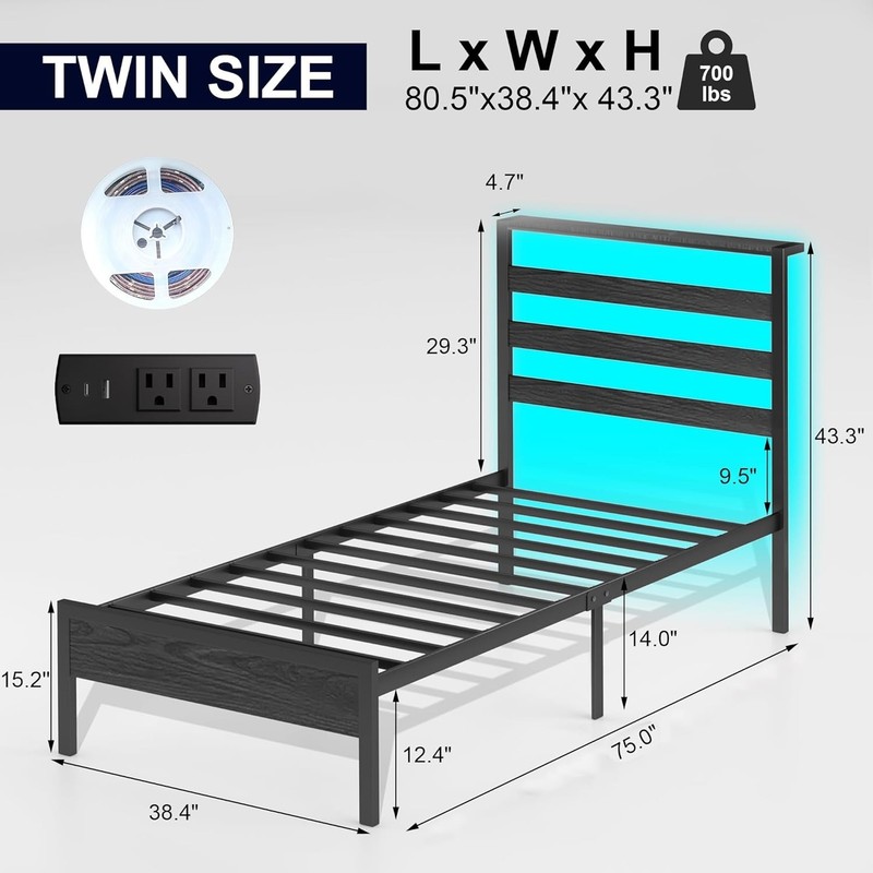 Bed Frame with Headboard, Platform Bed with LED & Charging Station, Heavy Duty gallery