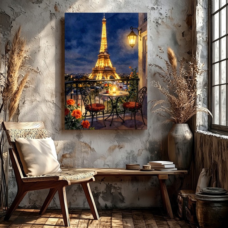 Wall Art Paris Eiffel Tower Balcony Night Cityscape Romantic Cafe Painting Home gallery