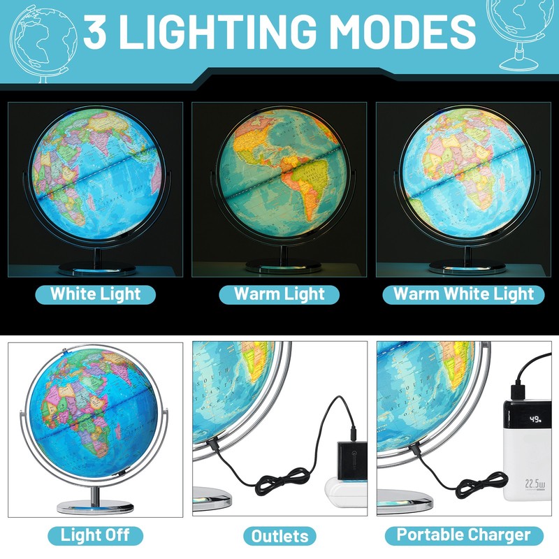 13'' Illuminated Globe Map 720° Rotation W/ Touch Switch 3 LED Lighting Modes gallery