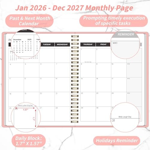 Monthly Planner 2026-2027, Jan 2026 - Dec 2027, 2 Year Calendar 2026-2027 Pink gallery