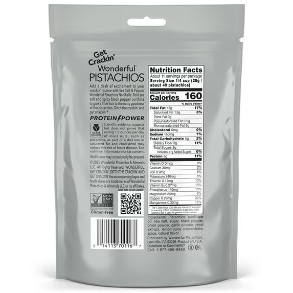 WONDERFUL PISTACHIOS, NO SHELL, SEA SALT AND PEPPER 11oz RESEALABLE POUCH gallery