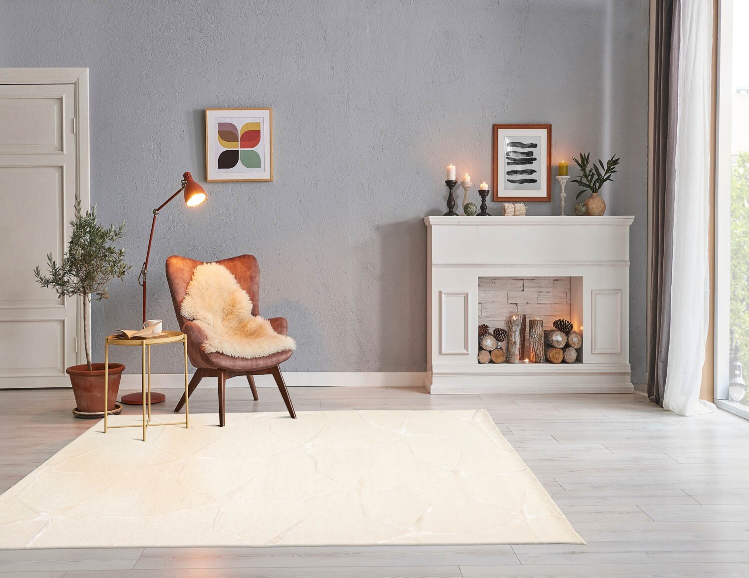 Designer Loop N Cut Pile Handmade Wool & Art Silk Modern Area Rug Ivory 5' x 8' gallery