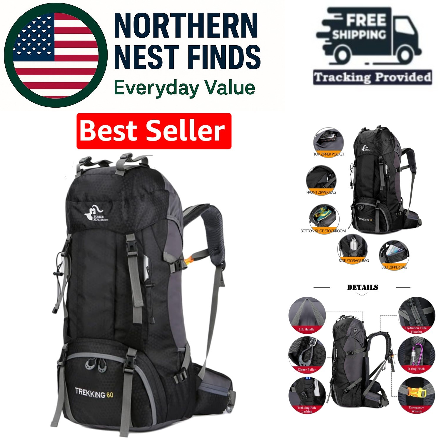 Comfort-Focused 60L Backpack with Multiple Compartments for Outdoor Journeys