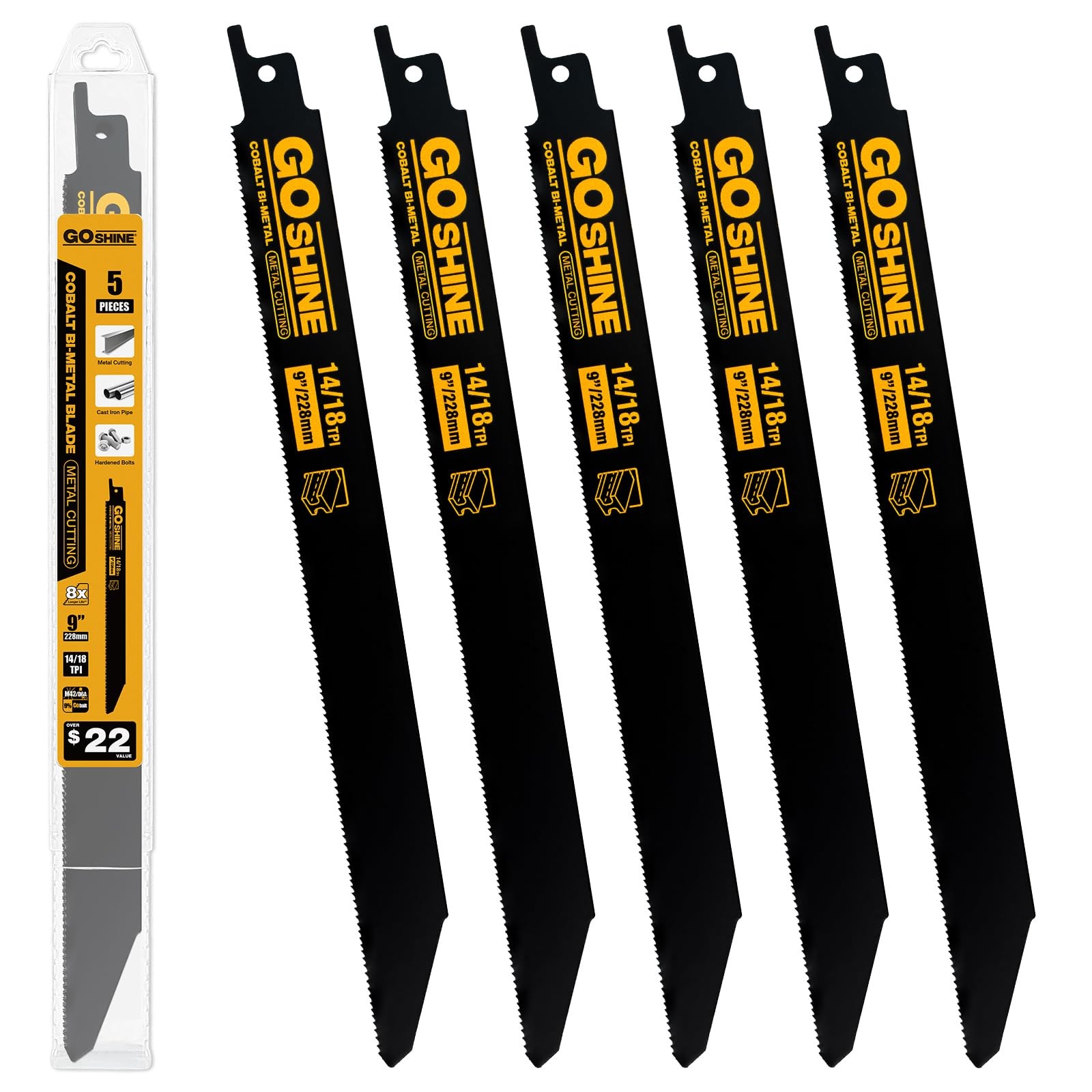 5 Pack 9in 14/18TPI Reciprocating Saw Blades, M42 Teeth w/Cobalt Bi-Metal Blades gallery