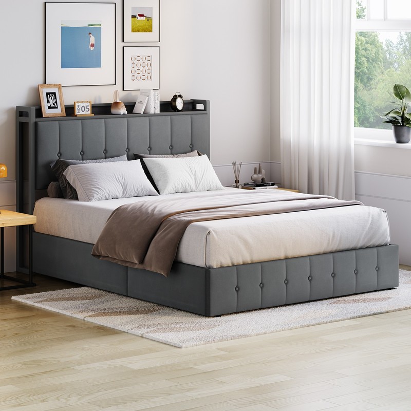 Lift Up Storage Bed Frame, Full Size Platform Bed with LED Light & Power Outlets gallery