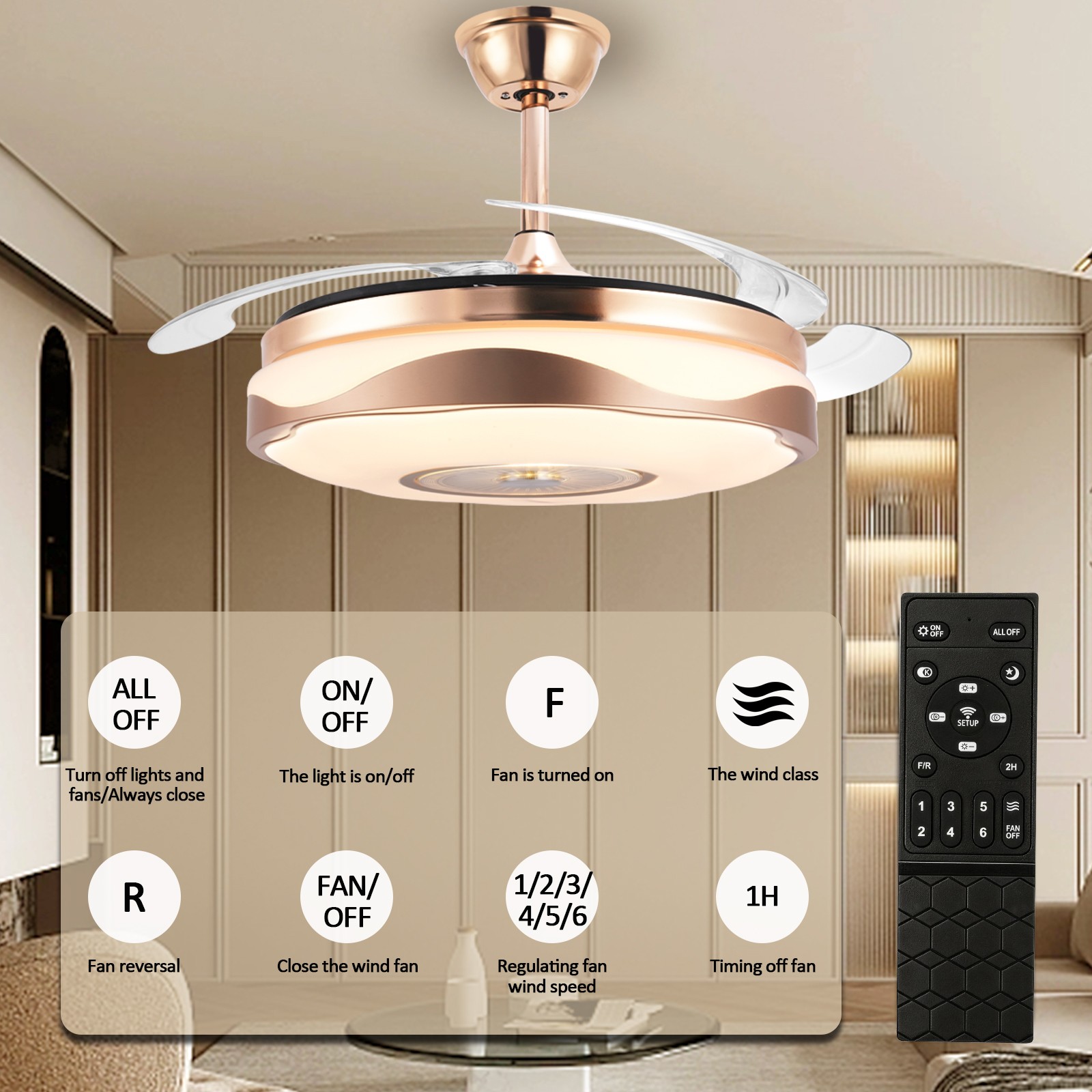 42in Retractable Ceiling Fan Light 6 Speed Remote Control Modern Fandelier gallery