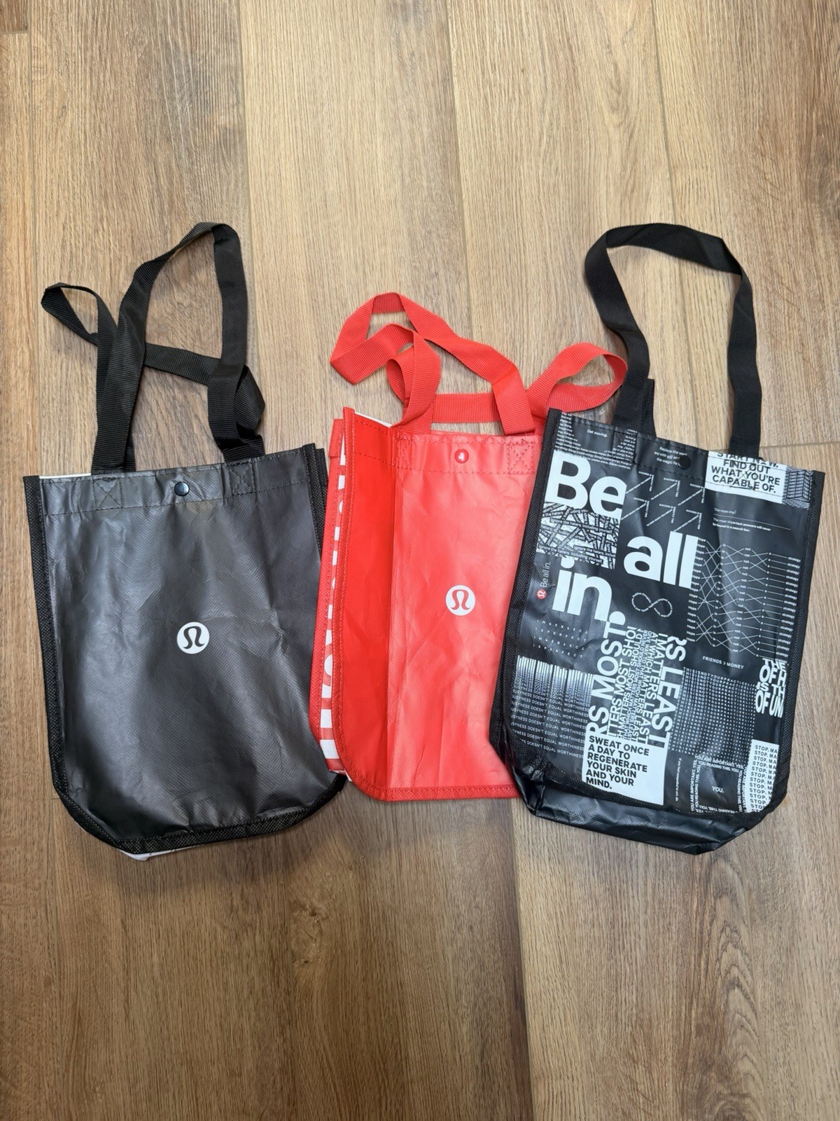 Lululemon Foldable Reusable Shopping Bags Set of 3 Black Red Multicolor Plastic gallery